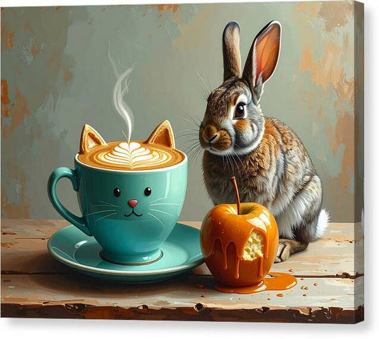 Rabbit with Cat Cup and Caramel Apple - Canvas Print