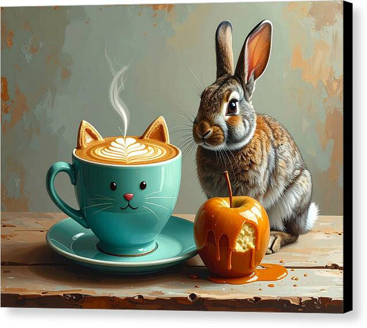Rabbit with Cat Cup and Caramel Apple - Canvas Print