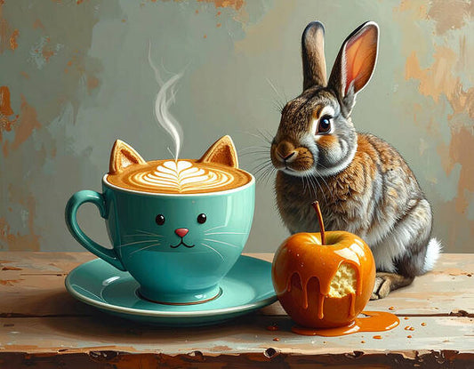 Rabbit with Cat Cup and Caramel Apple - Art Print