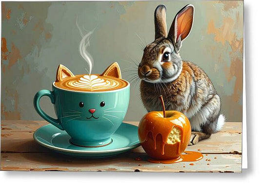 Rabbit with Cat Cup and Caramel Apple - Greeting Card