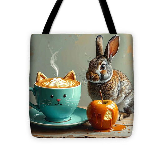 Rabbit with Cat Cup and Caramel Apple - Tote Bag