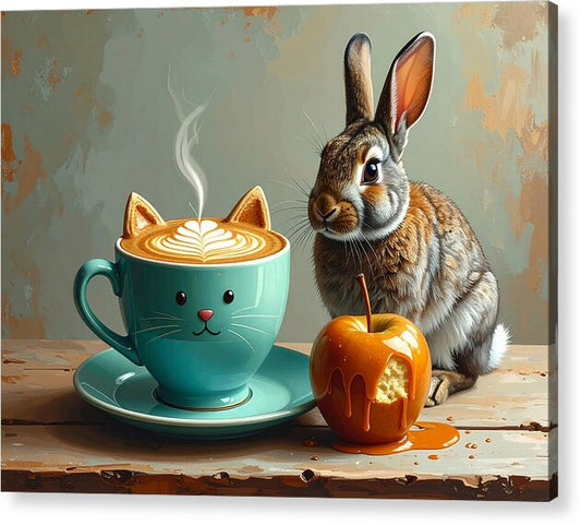 Rabbit with Cat Cup and Caramel Apple - Acrylic Print