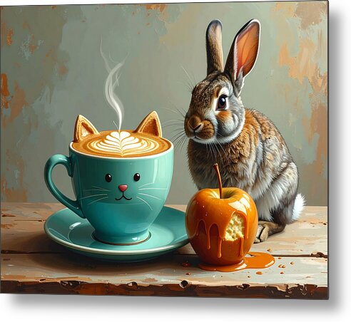 Rabbit with Cat Cup and Caramel Apple - Metal Print