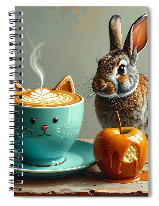 Rabbit with Cat Cup and Caramel Apple - Spiral Notebook