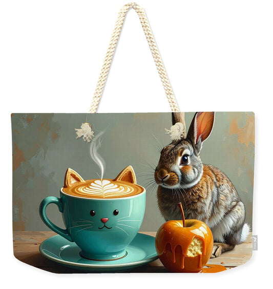 Rabbit with Cat Cup and Caramel Apple - Weekender Tote Bag