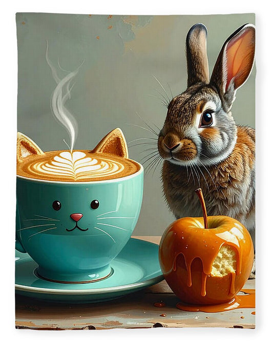 Rabbit with Cat Cup and Caramel Apple - Blanket