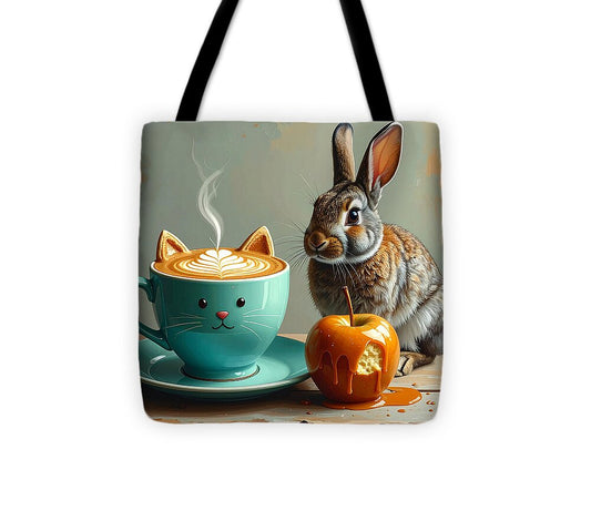 Rabbit with Cat Cup and Caramel Apple - Tote Bag