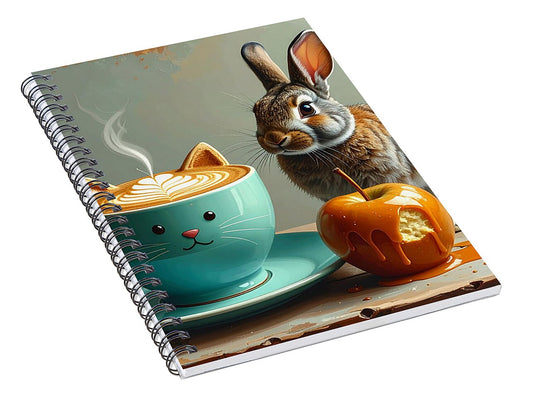 Rabbit with Cat Cup and Caramel Apple - Spiral Notebook