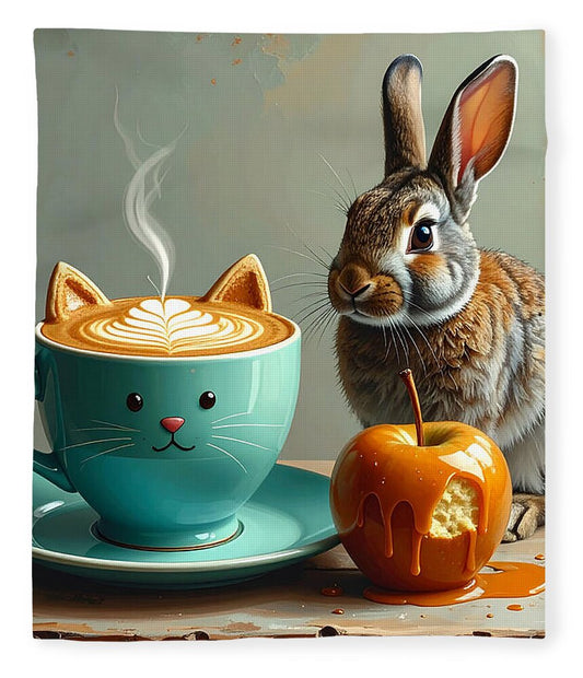 Rabbit with Cat Cup and Caramel Apple - Blanket