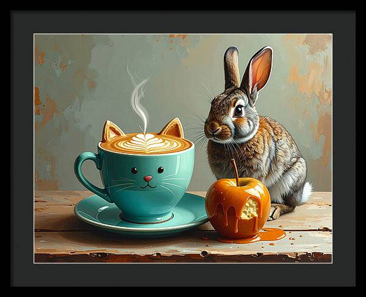 Rabbit with Cat Cup and Caramel Apple - Framed Print