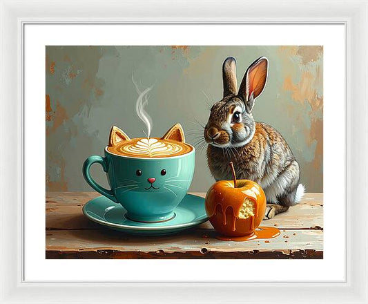 Rabbit with Cat Cup and Caramel Apple - Framed Print