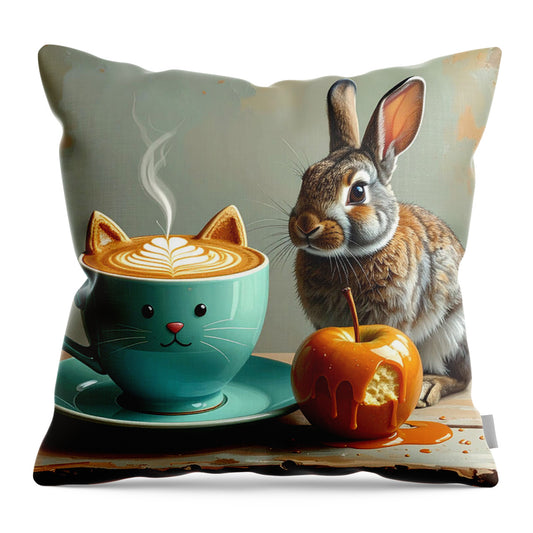 Rabbit with Cat Cup and Caramel Apple - Throw Pillow
