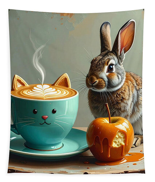 Rabbit with Cat Cup and Caramel Apple - Tapestry