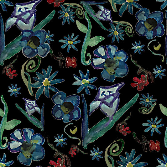 Watercolor Flowers on Black Digital Image Download