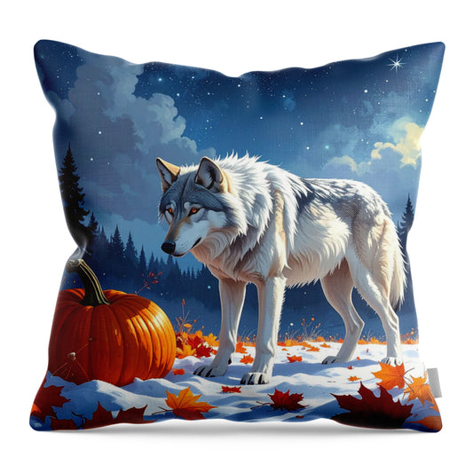 Wolf Among Autumn Leaves - Throw Pillow