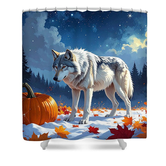 Wolf Among Autumn Leaves - Shower Curtain