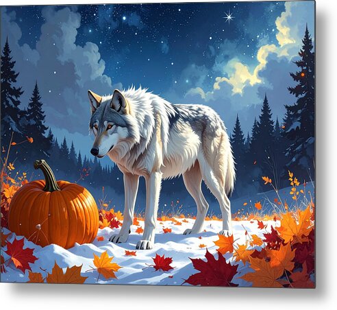 Wolf Among Autumn Leaves - Metal Print