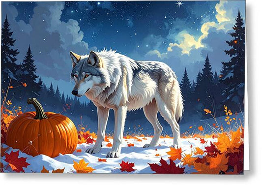 Wolf Among Autumn Leaves - Greeting Card