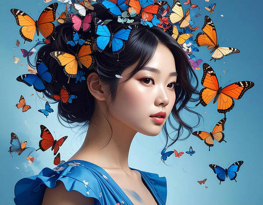 Woman with Colorful Butterflies - Art Print
