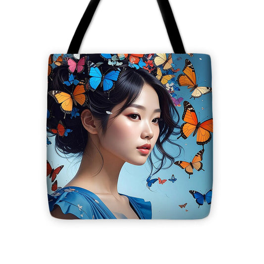 Woman with Colorful Butterflies - Tote Bag