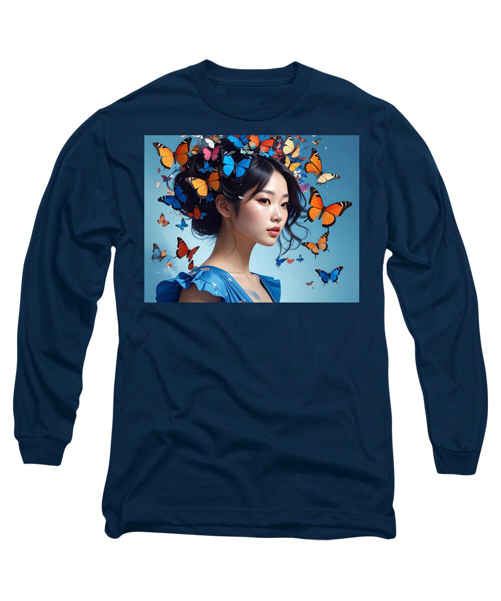 Woman with Colorful Butterflies - Long Sleeve T-Shirt