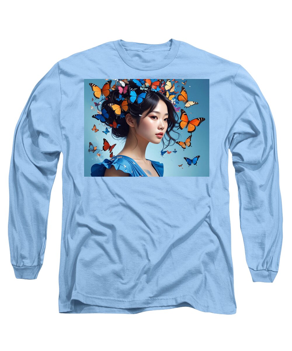 Woman with Colorful Butterflies - Long Sleeve T-Shirt