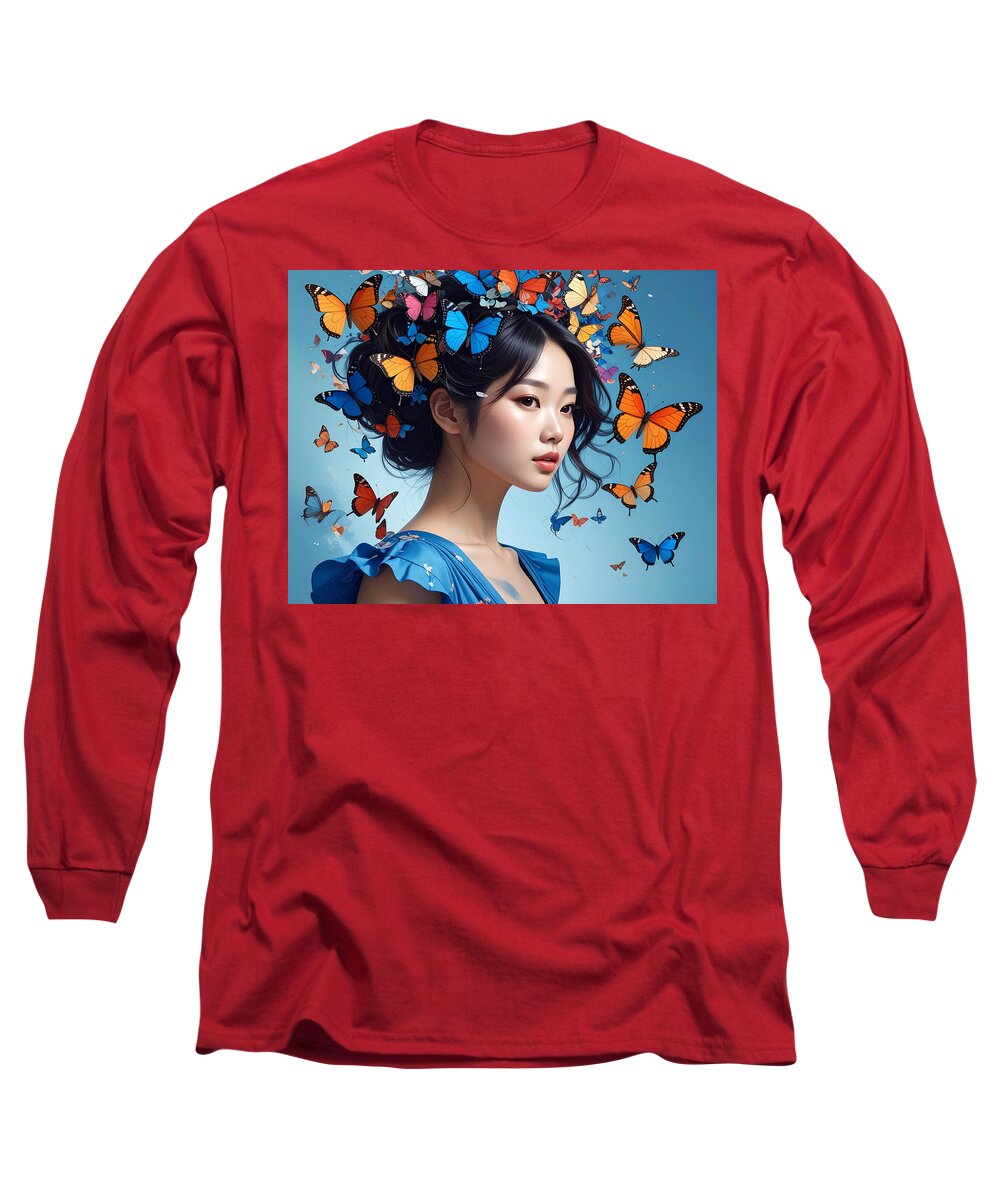 Woman with Colorful Butterflies - Long Sleeve T-Shirt