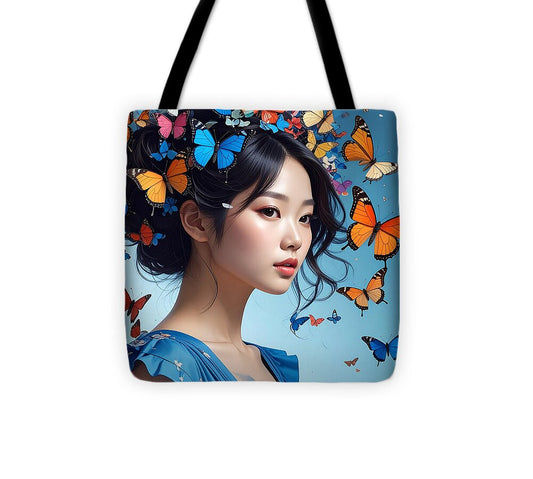 Woman with Colorful Butterflies - Tote Bag
