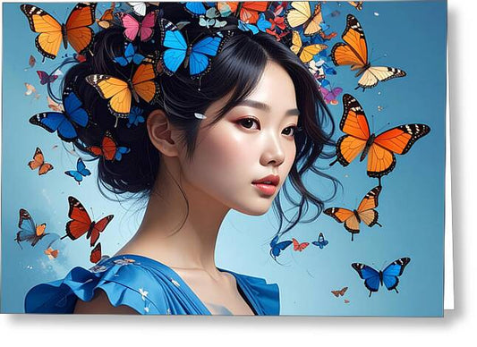 Woman with Colorful Butterflies - Greeting Card