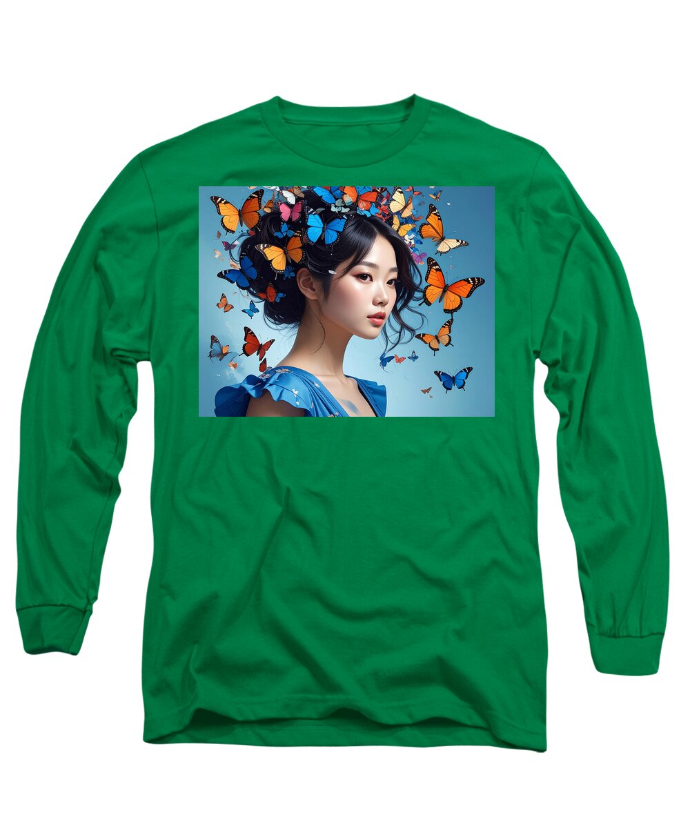 Woman with Colorful Butterflies - Long Sleeve T-Shirt