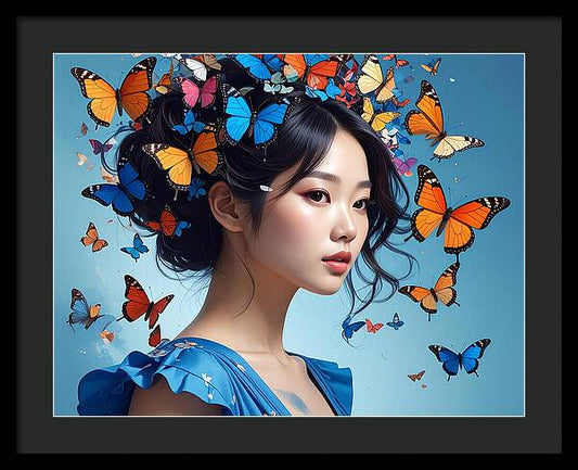Woman with Colorful Butterflies - Framed Print