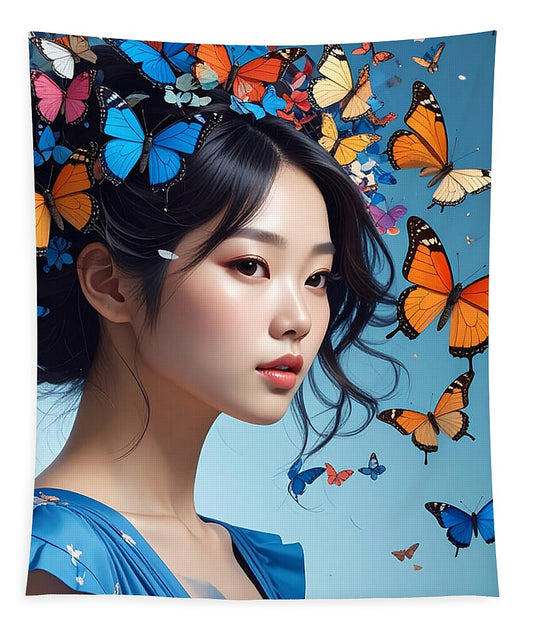 Woman with Colorful Butterflies - Tapestry