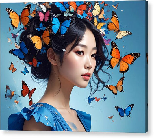 Woman with Colorful Butterflies - Acrylic Print