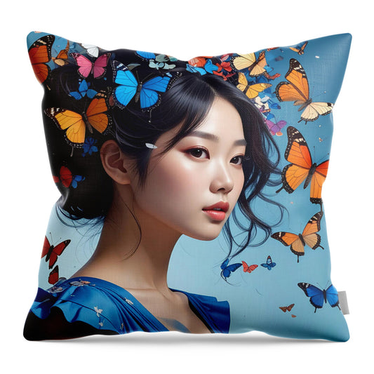 Woman with Colorful Butterflies - Throw Pillow