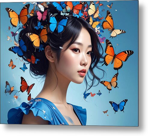 Woman with Colorful Butterflies - Metal Print