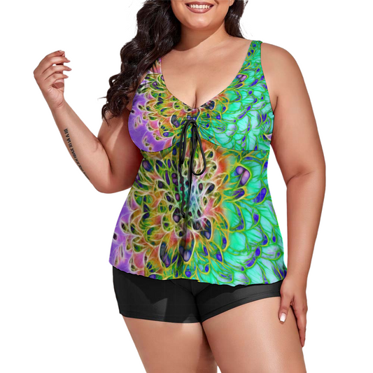 Peacock Chrysanthemum Custom Women's Plus Size Two Piece Swimsuit Stylish Swimwear