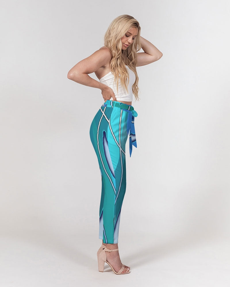 Wavy Blue Women's Belted Tapered Pants