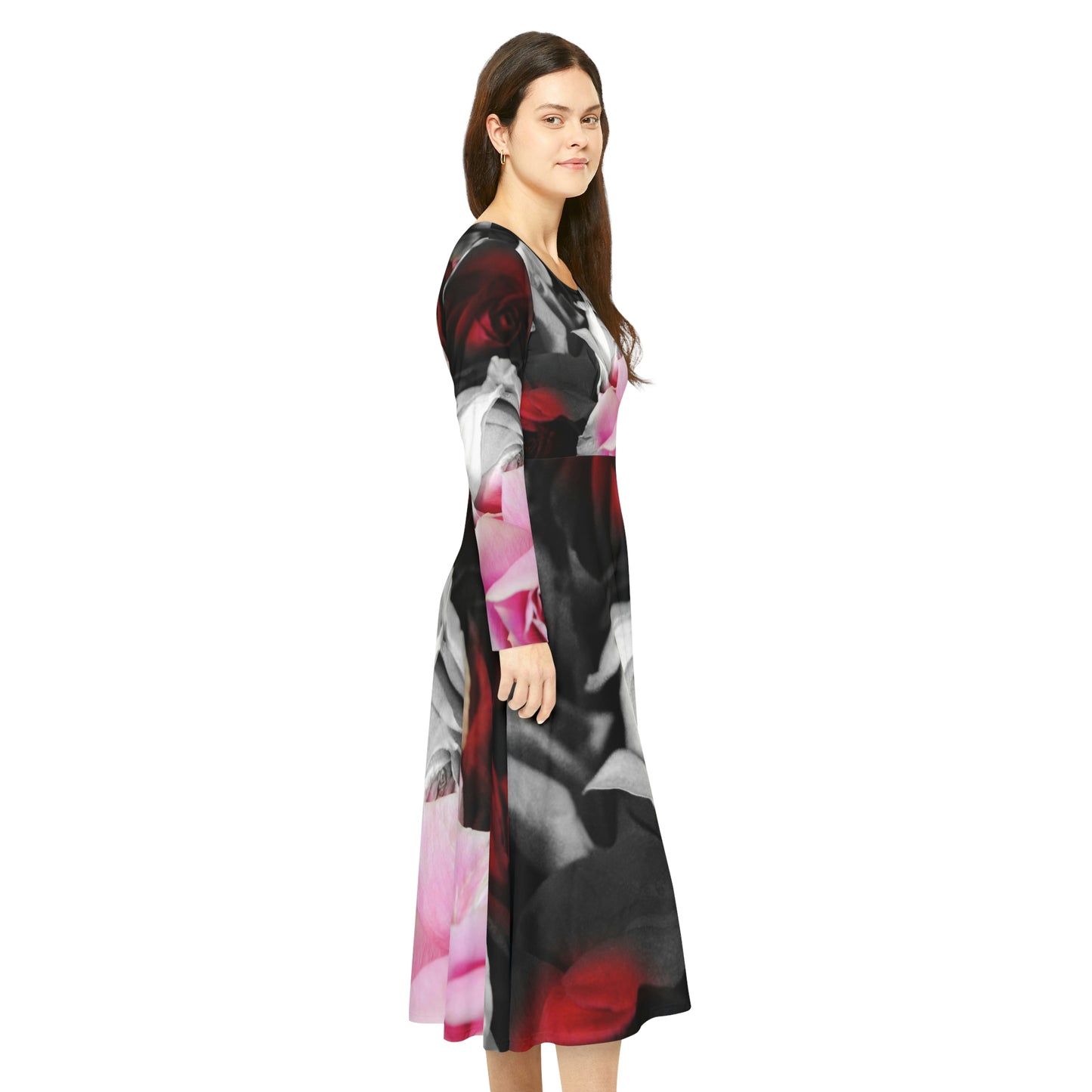 Black and White Roses Fade Women's Long Sleeve Dance Dress