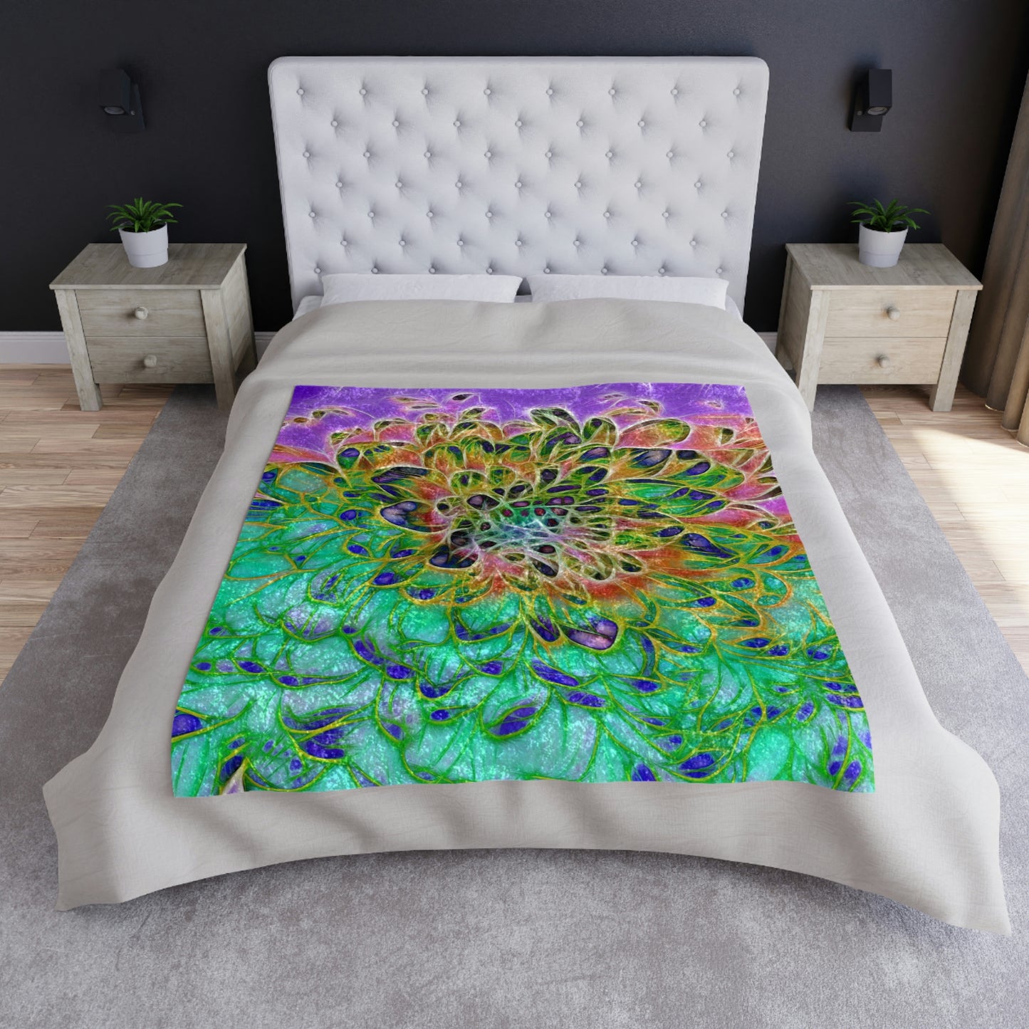 Peacock Chrysanthemum Crushed Velvet Blanket