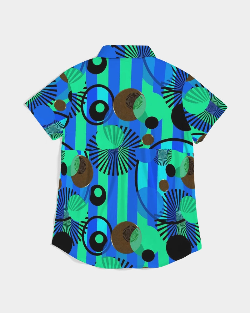 Blue Green Stripes and Dots Women's Short Sleeve Button Up