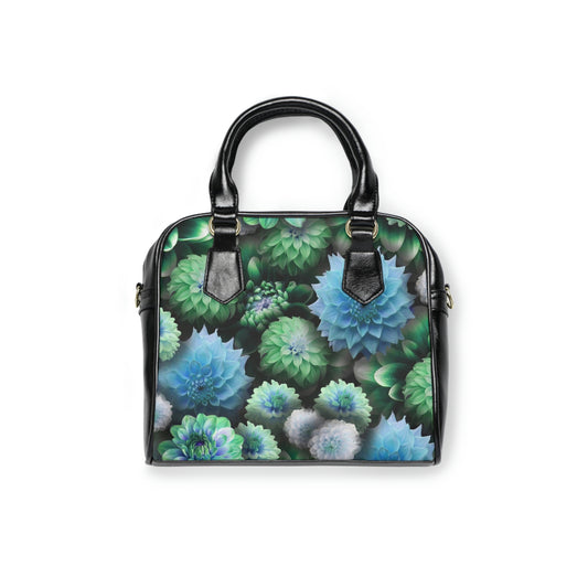 Blue Green Dahlias Collage Shoulder Handbag
