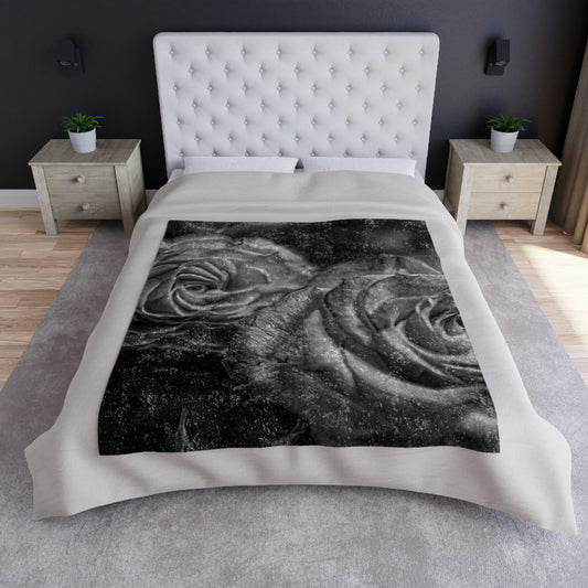 Black and White Tea Roses Crushed Velvet Blanket