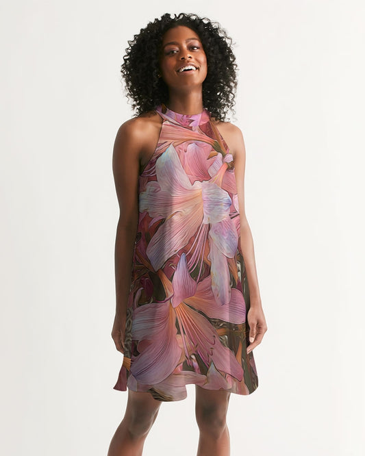 Pink Amaryllis Women's Halter Dress