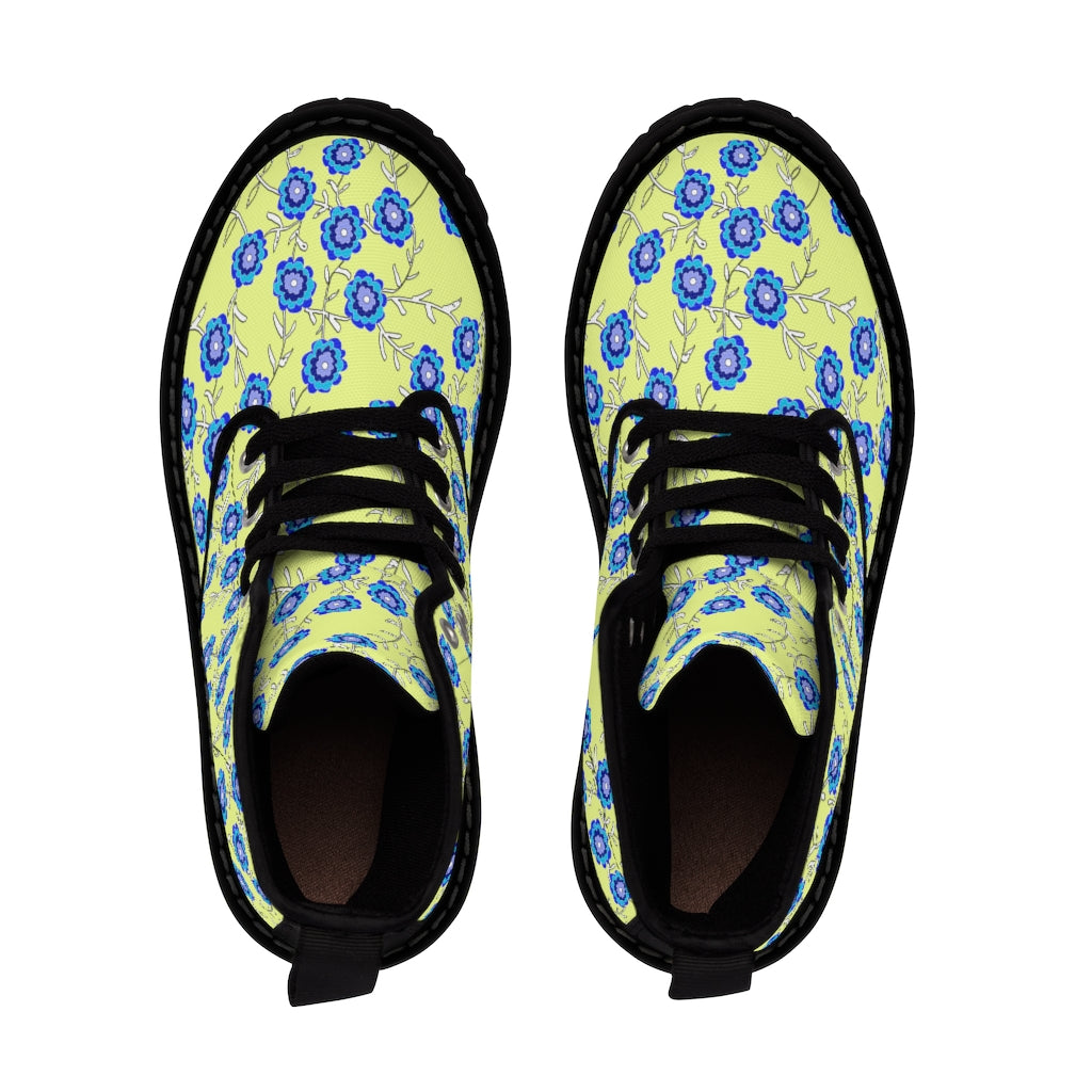 Blue Flowers On Yellow Women's Canvas Boots