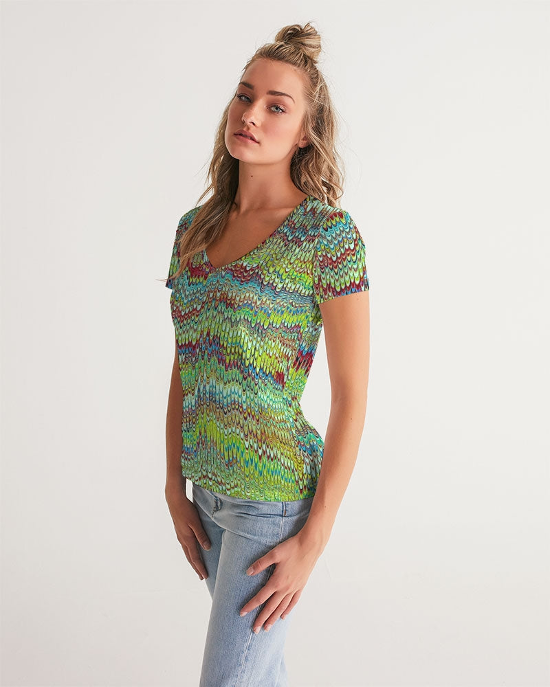 Cool Green Marbled Women's V-Neck Tee