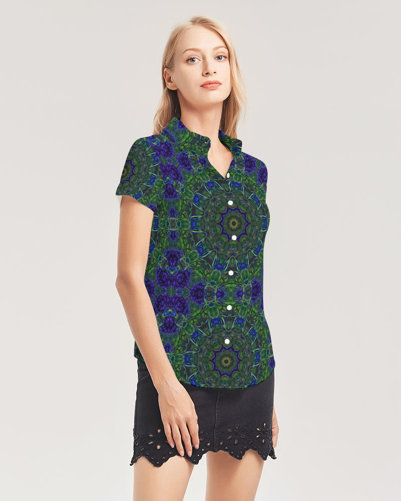 blue Green Ribbon Kaleidoscope Women's Short Sleeve Button Up