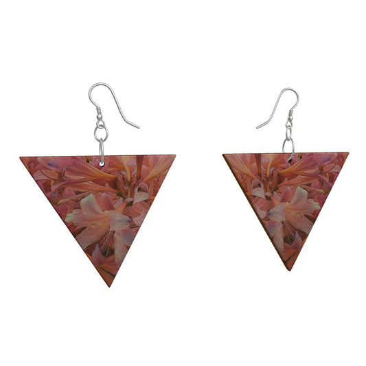 Pink Amaryllis Flowers Wooden Geometric Earrings