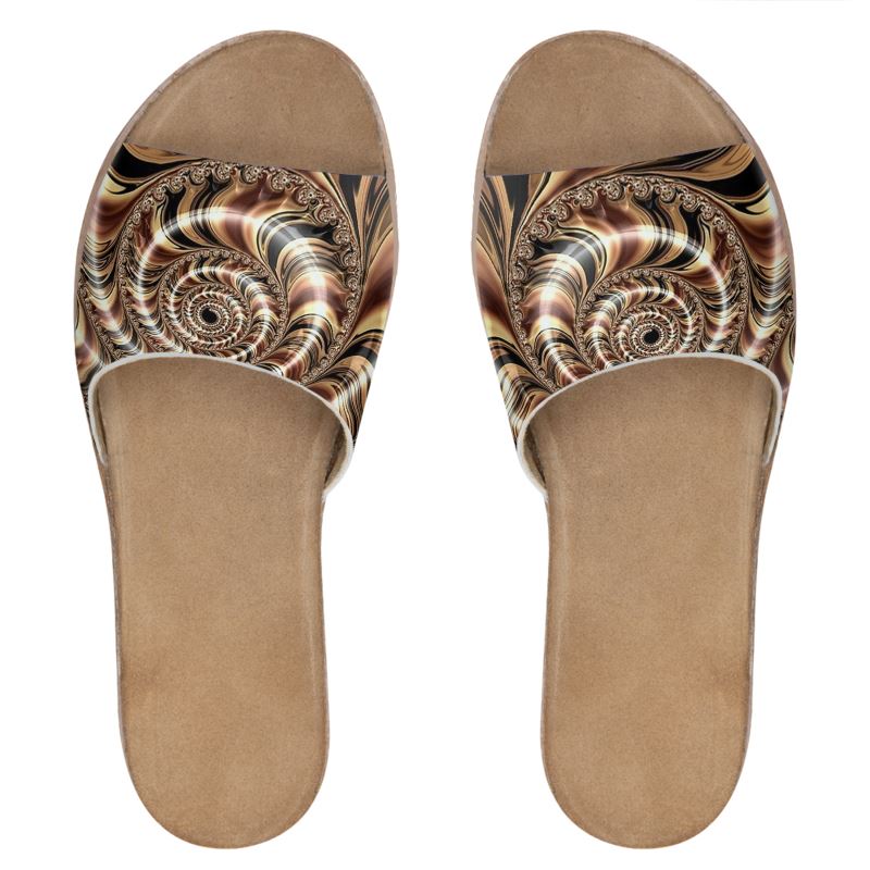 Chocolate Swirls Fractal Leather Sliders