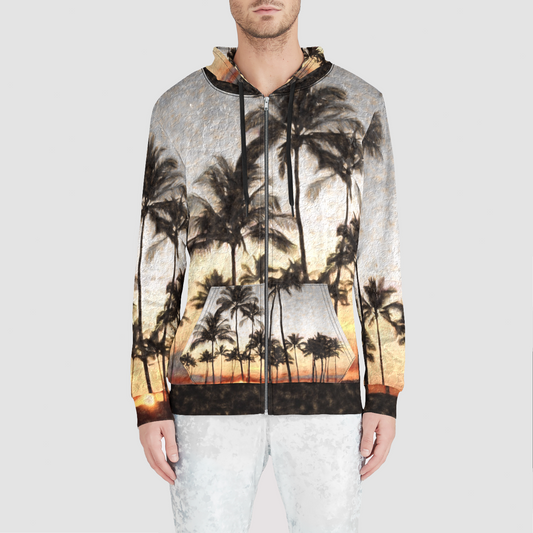 Hawaiian Sunset Rock Painting Unisex Zip Relaxed Velvet Hoodie