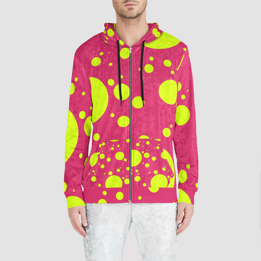 Pink and Yellow Polkadots Unisex Zip Relaxed Velvet Hoodie